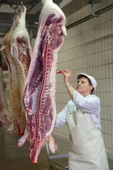 Neuruppin  Deutschland  die fertigen Schweinshaelften bekommen einen Zertifizierungsstempel