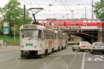 Tram der MVB inmitten des Autoverkehrs  Magdeburg  Deutschland