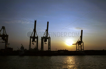Containerterminal des Hamburger Hafen im Sonnenuntergang