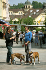 Karlsbad  Tschechische Republik  ein Mann mit Hunden unterhaelt sich mit einem Bekannten