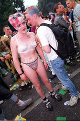 Berlin  Deutschland  Frau in Unterwaesche auf der Loveparade