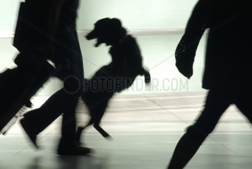 Silhouette eines springenden Hundes zwischen Menschen