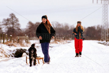 Bremen  Deutschland  zwei Maedchen mit Hund in einer Winterlandschaft