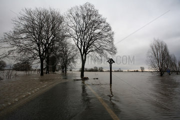 Hochwasser der Elbe: Ueberflutete Strasse zum Faehranleger