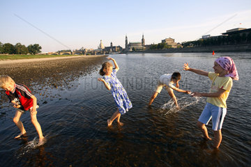 Kinder spielen in der Elbe in Dresden