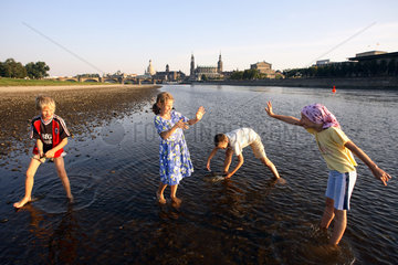 Kinder spielen in der Elbe in Dresden
