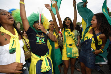 Fussballfans WM 2006: Mitfiebernde Brasilianer mit Nationalfahnen