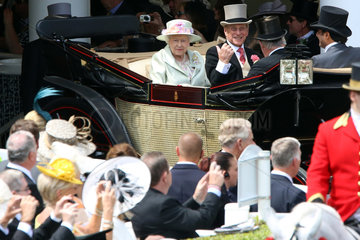 Royal Ascot  Royal Procession. Queen Elizabeth the Second and Prince Philip arrive at the racecourse