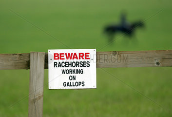 Newmarket  Grossbritannien  Schild Beware Racehorses working on gallops