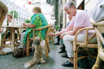 Eine Frau fuettert Hund  der macht Maennchen in Prag