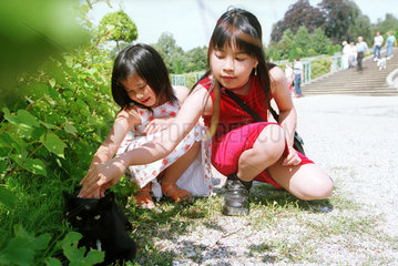Asiatische Maedchen und Katze in Potsdam