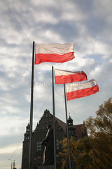 Posen  Polen  Fahnen wehen vor der UAM am Tag der Unabhaengigkeit (Swieto Niepodleglosci)