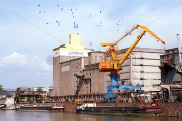 Rheinhafen in Basel: Binnenschiffe und Kran
