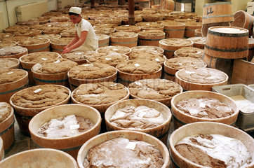 Pulsnitz  Mitarbeiterin prueft Lebkuchenteig in der Pulsnitzer Lebkuchenfabrik