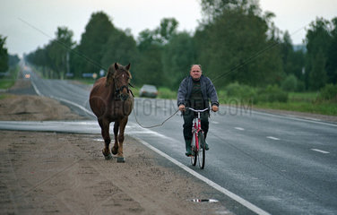 Bauer mit seinem Pferd auf einer Landstrasse  Litauen