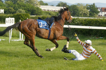 Ein Jockey stuerzt aus dem Sattel seines Pferdes