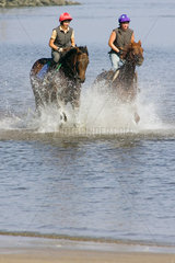 Hamburg  Reiter galoppieren durch das Wasser