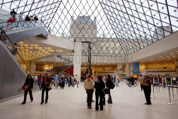 Paris  unter dem Dach der Glaspyramide des Louvre mit Blick nach draussen