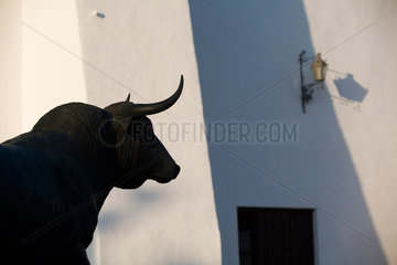 Ronda  Spanien  Skulptur eines Bullen vor der Stierkampfarena