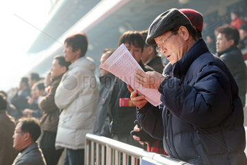 Seoul  Rennbahnbesucher liest im Rennprogramm