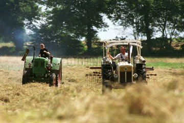 Mecklenburg  Landarbeiter beim Heu wenden auf dem Feld