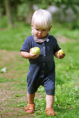 Ein kleines Kind mit Aepfeln auf einer Wiese
