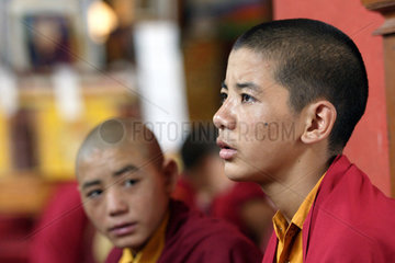 Junge buddhistische Moenche in Gewaendern meditieren in einem Kloster