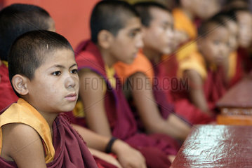 Junge buddhistische Moenche in Gewaendern in einem Kloster