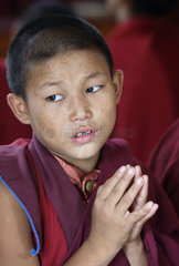 Junger buddhistischer Moench meditiert in einem Kloster