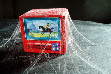 Modell eines Farbfernsehers mit Spinnweben