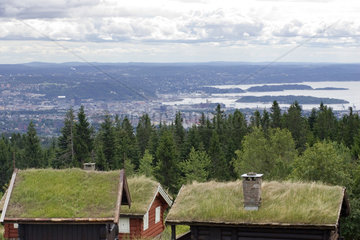 Norwegen  traditionelle skandinavische Holzhaeuser und das Panorama des Oslo Fjord