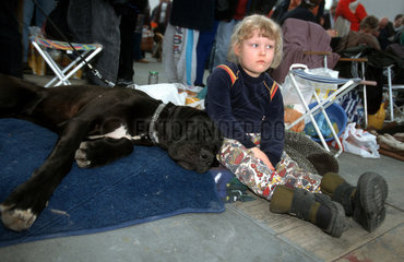 Kind sitzt neben einer Dogge auf einer Hundemesse