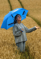 Eckernfoerde  Frau mit Regenschirm im Weizenfeld