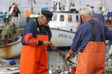 Fischer reinigt Netz auf Fehmarn