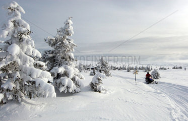 Saelen  Schweden  Mann faehrt auf einem Schneemobil
