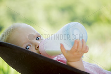 Infant drinking milk from bottle
