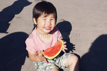 Little boy eating watermelon  portrait