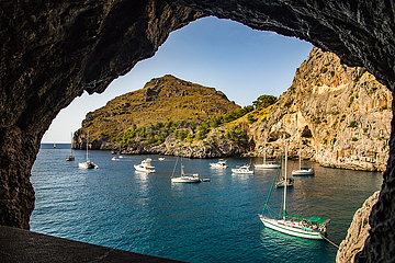 Spain  Balearic Islands  North West Mallorca  Cala Sa Calobra  small anchorage in front of a very narrow pebble beach framed by cliffs