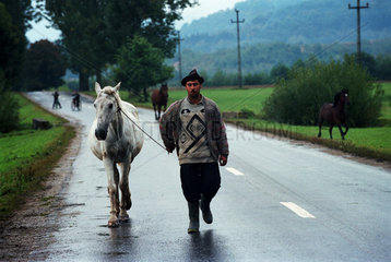 Ein Sinti-Bauer fuehrt ein Pferd  Rumaenien