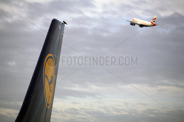 Berlin  Heckfluegel einer Maschine der Lufthansa und eine BA Maschine im Abflug