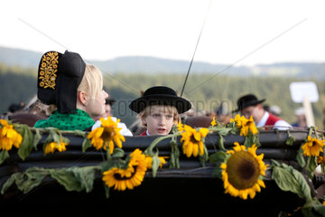 Sankt Maergen  Deutschland  ein Junge mit seiner Mutter auf einer Kutsche