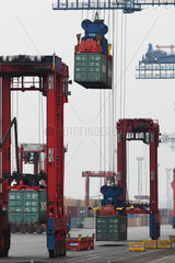 Hamburg  Deutschland  Vancarrier transportieren Container an die Containerbruecken