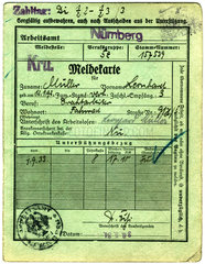 Arbeitslosen Meldekarte  Arbeitsamt Nuernberg 1933