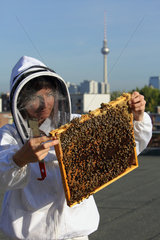Berlin  Deutschland  Imkerin Erika Mayr kontrolliert eine Brutwabe eines Bienenvolkes auf einem Dach  der Fernsehturm im Hintergrund