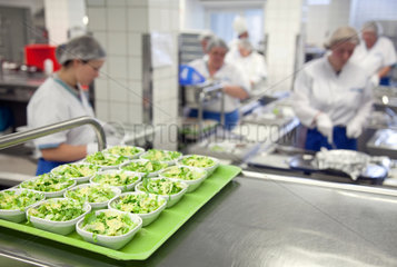 Essen  Deutschland  Salatschalen auf einem Tablett in einer Grosskueche im Krankenhaus