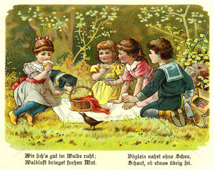 Kinder beim Picknick im Wald  um 1900