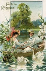 Froehliche Pfingsten!  zwei Frauen bei Pfingstausflug auf einem See  1908