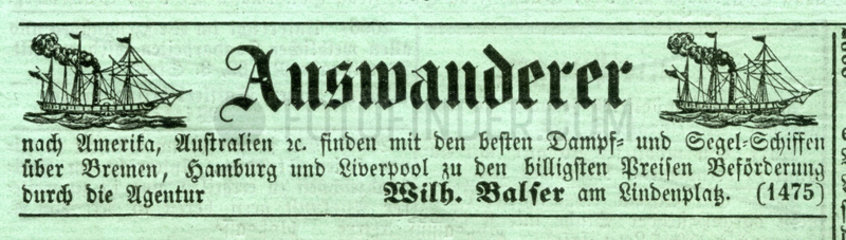 Auswanderer  Zeitungsanzeige  1874