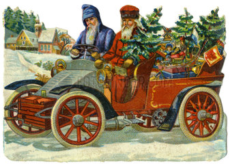 Weihnachtsmaenner liefern mit Auto Geschenke aus  1909