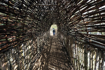 Berlin  Deutschland  Junge steht am Anfang eines Tunnels aus Zweigen